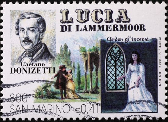 Briefmarke mit Gaetano Donizzetti und seiner Oper Lucia di Lammermoor